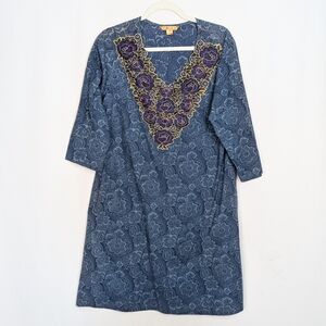 April Cornell XL Jenn Blouse Blue Embellished Floral Paisley Tunic Vintage Boho